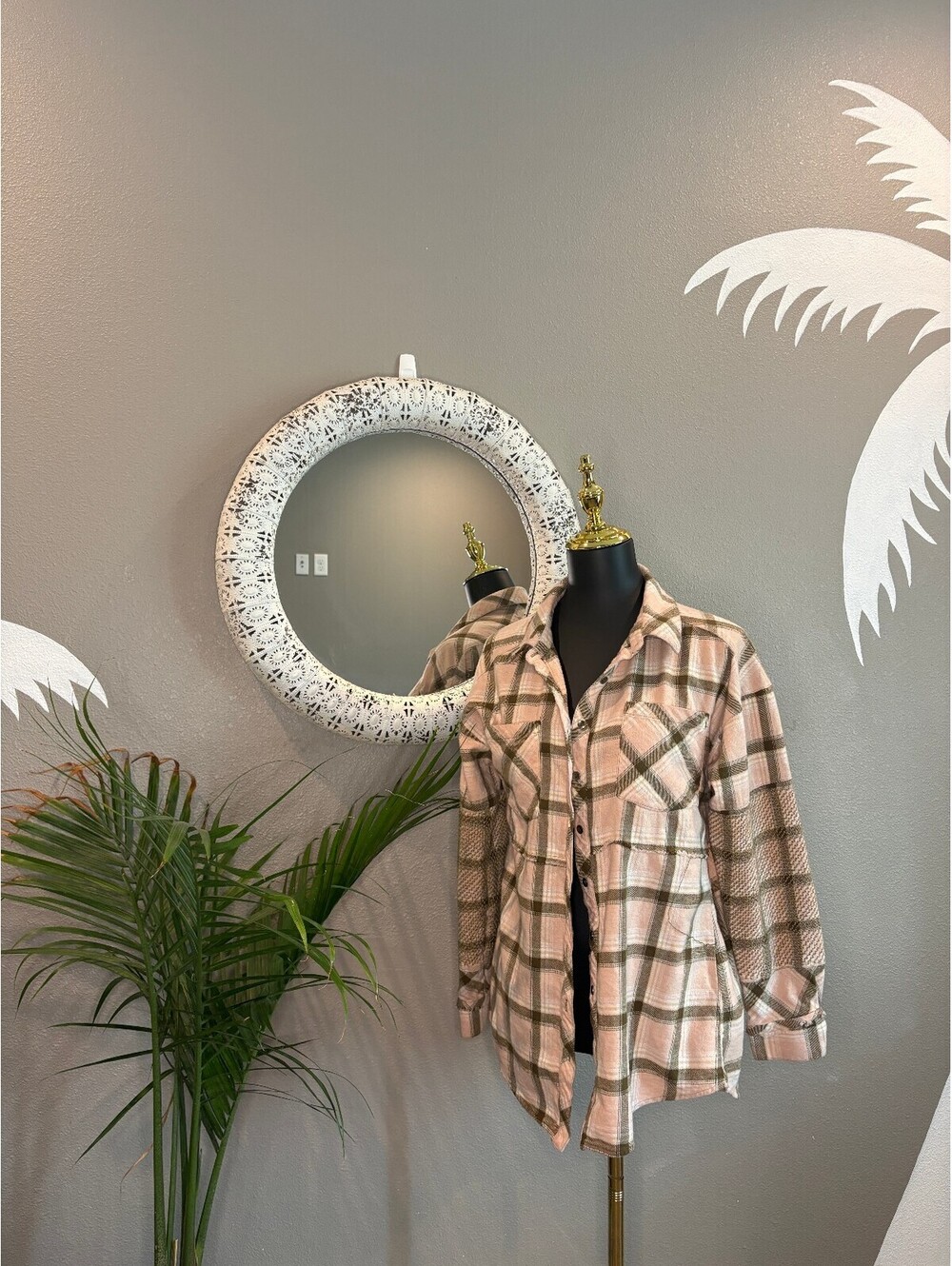 BKE Plaid Button-Up Shirt Jacket in Soft Pink and Brown